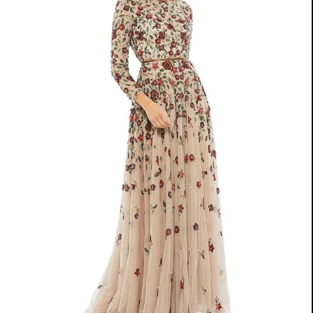Mac Duggal Tan and Cream Embellished Tiered Gown